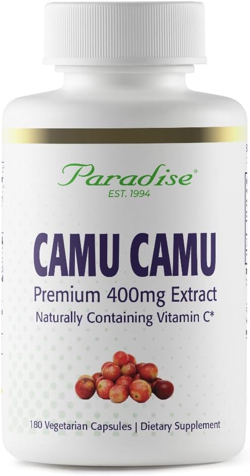 Paradise Herbs, Extracto Orgánico de Camu Camu, 400 mg, Rico en Vitamina C, Puro y Potente, Sin Gluten, No GMO, Vegano, 60 Cápsulas