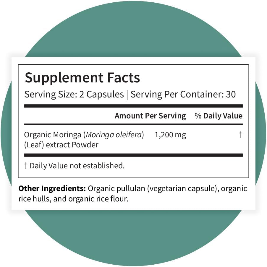 Pattern Wellness Moringa Oleifera Orgánica - 60 Cápsulas - Suplemento de Hoja Entera - Vegano, No OGM
