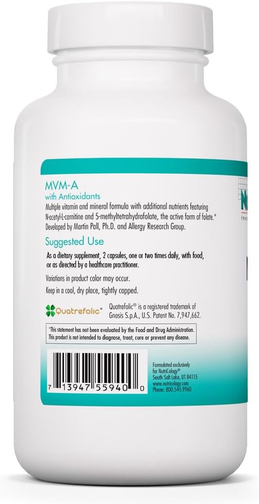 Nutricology MVM-A - Multivitamínico Completo con Minerales - Vitaminas B Activas, Folato, Hierro y Más - 180 Cápsulas