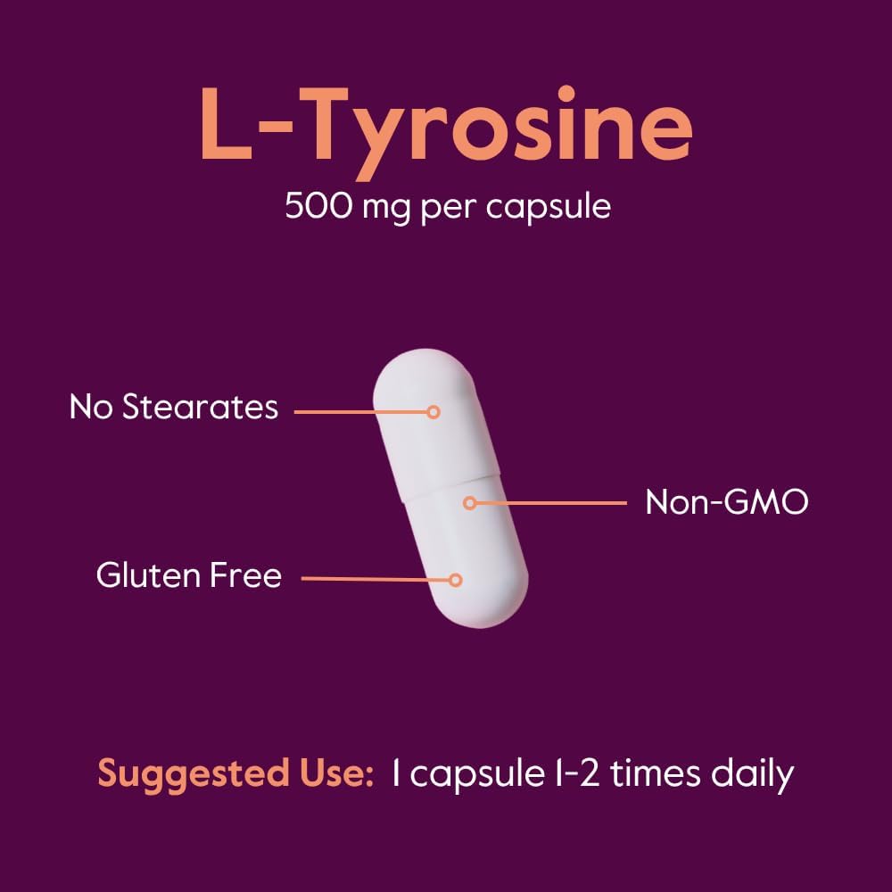 BESTVITE L-Tirosina 500mg (240 Cápsulas) - Sin Estearatos - No Transgénico - Sin Gluten