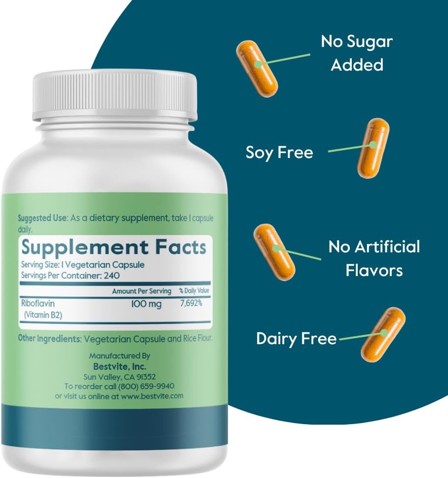 BESTVITE Vitamin B-2 100mg (240 Cápsulas Vegetarianas) - Sin Estearatos - Sin Fosfato Dicálcico - Vegano - No OGM - Sin Gluten