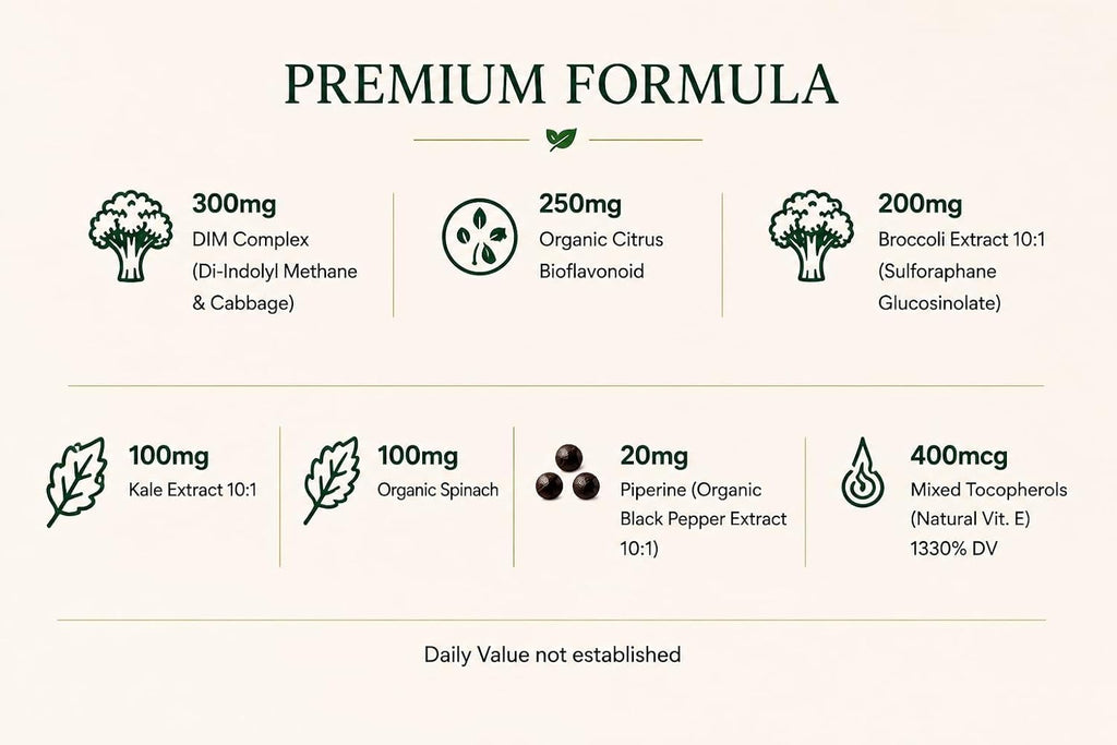 Green Organic Supplements DIM, Diindolylmethane, Indole-3-Carbinol, Brócoli, 90 Cápsulas Veganas, Alta Absorción, No-GMO, Sin Gluten