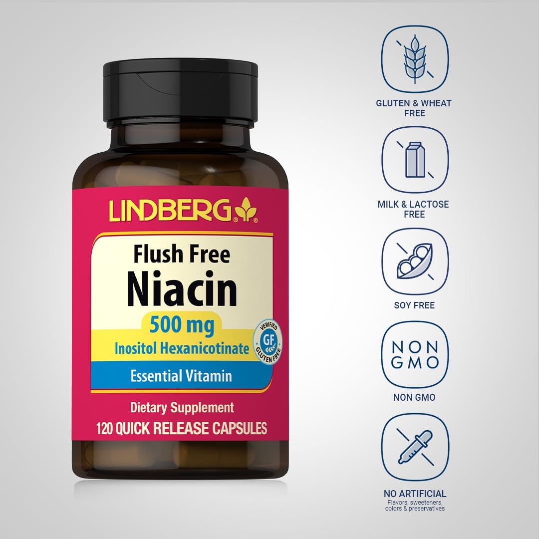 Lindberg Niacina 500mg Sin Enrojecimiento | 120 Cápsulas | Suplemento de Vitamina B3 | Como Hexanicotinato de Inositol | Sin OGM, Sin Gluten