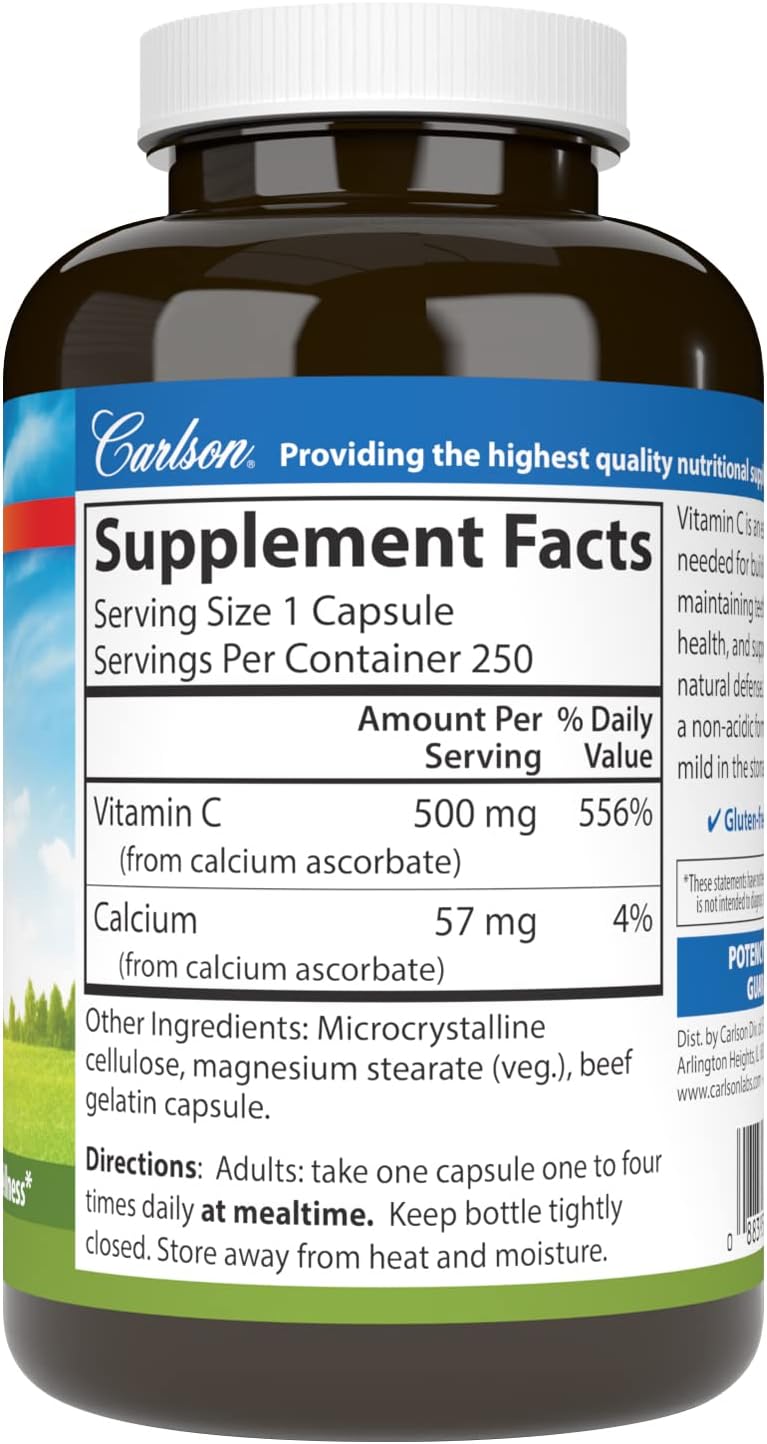 Carlson Mild-C 500 mg Vitamina C Tamponada, Apoyo Inmunológico y Bienestar Óptimo, Antioxidante, 250 cápsulas