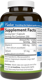 Carlson Mild-C 500 mg Vitamina C Tamponada, Apoyo Inmunológico y Bienestar Óptimo, Antioxidante, 250 cápsulas