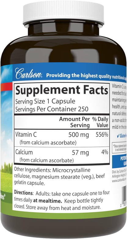 Carlson Mild-C 500 mg Vitamina C Tamponada, Apoyo Inmunológico y Bienestar Óptimo, Antioxidante, 250 cápsulas – Image 2