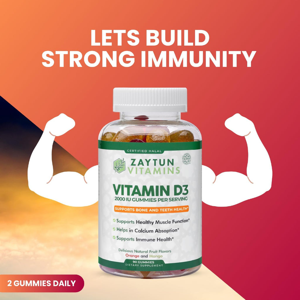 Zaytun Halal Vitamina D3 2000 UI Gomitas, Apoya la Salud Ósea e Inmune, 90 Gomitas Sabor Fruta Natural