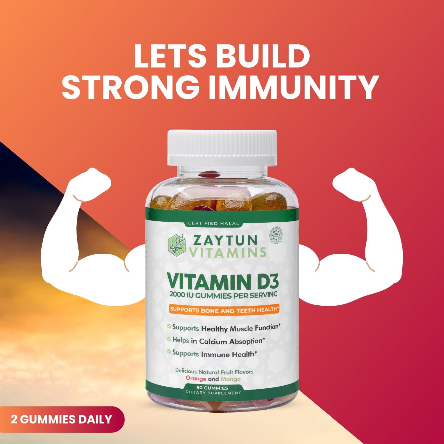 Zaytun Halal Vitamina D3 2000 UI Gomitas, Apoya la Salud Ósea e Inmune, 90 Gomitas Sabor Fruta Natural