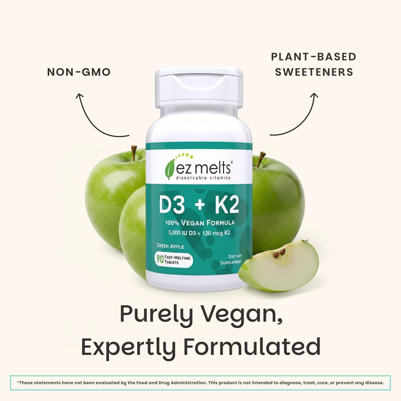 EZ Melts Vitamina D3 + K2 5000 UI, 90 Comprimidos Disolubles Veganos Sabor Manzana Verde