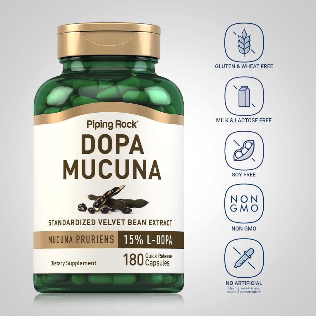 Piping Rock DOPA Mucuna Cápsulas | 180 unidades | 15% L-DOPA | Extracto de Mucuna Pruriens | Suplemento no-GMO y sin gluten