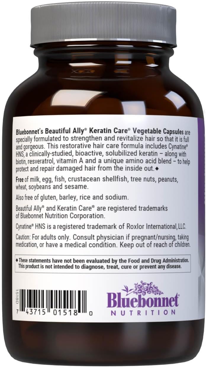 Bluebonnet Nutrition Beautiful Ally Keratin Care - Complemento capilar con biotina y queratina (30 cápsulas)