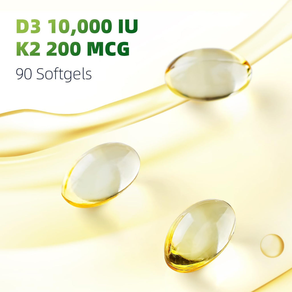 LIVEGIS Vitamina D3 K2 Softgels, D3 10000 UI con K2 (MK-7) 200 mcg, 90 cápsulas