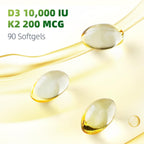 Cápsulas blandas de Vitamina D3 10000 UI con K2 (MK-7) 200 mcg y aceite de coco - 3 Paquetes (270 unidades)