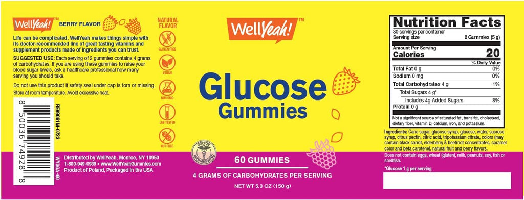 WellYeah Glucose Gummies - 4 Gramos de Carbohidratos - Sabor a Bayas Natural - Gomitas Masticables para Hombres y Mujeres, Sin OGM, Sin Gluten - 60 Unidades