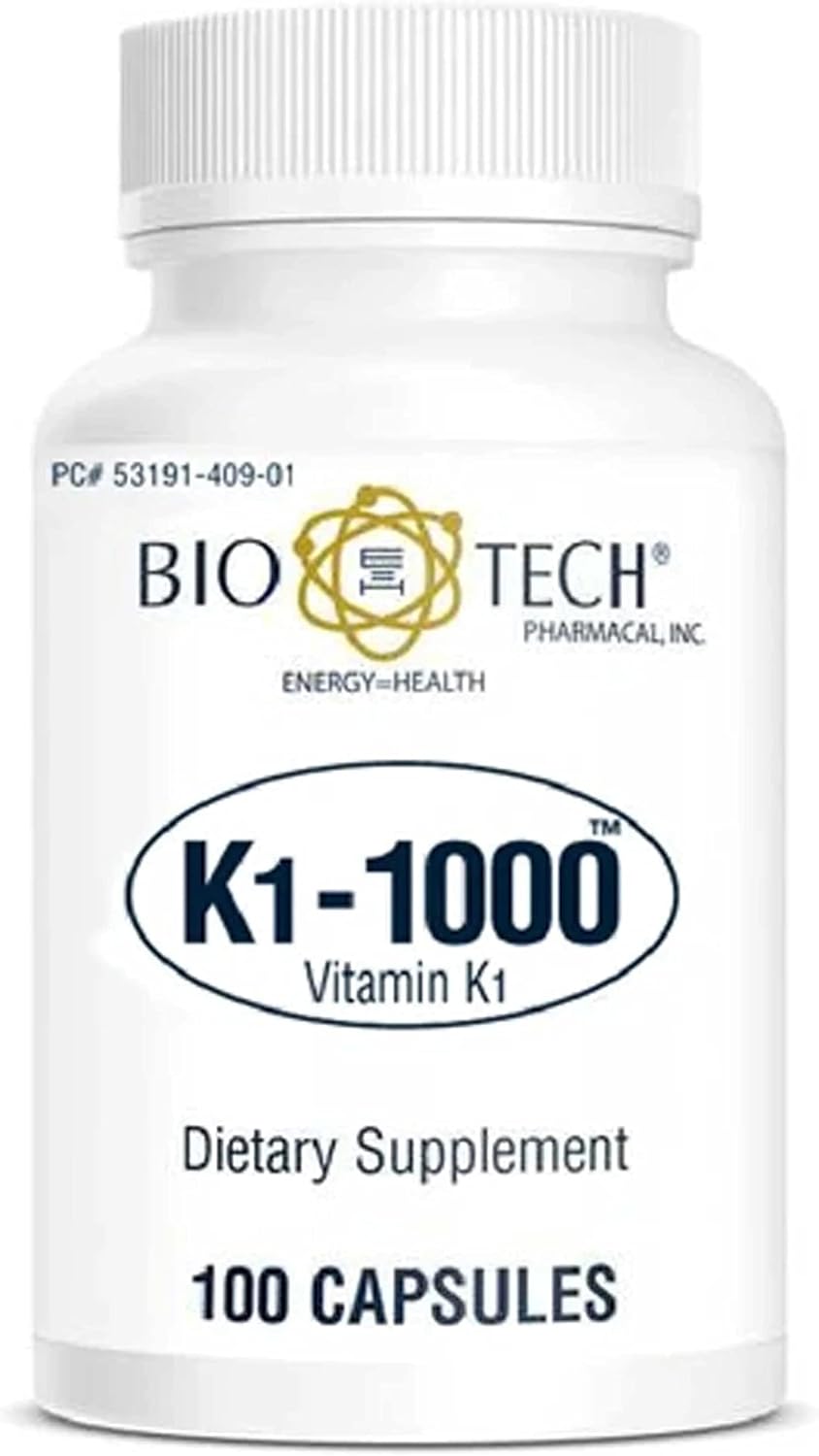 K1-1000 Vitamina K1 1000 mcg - 100 Cápsulas (3 Paquetes) - Bio-Tech Pharmacal