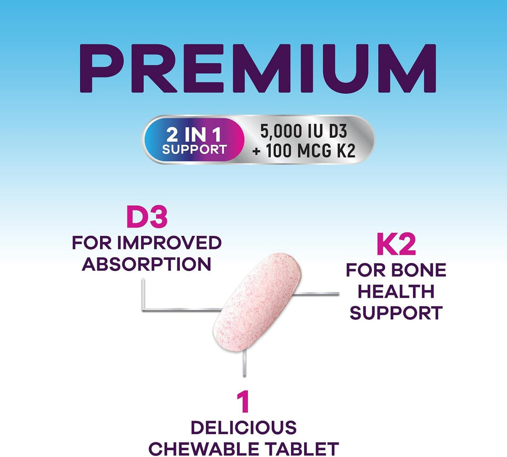 Vitamina D3 K2 5000 UI + 100 mcg MK-7 - 120 Comprimidos Masticables Sabor a Baya