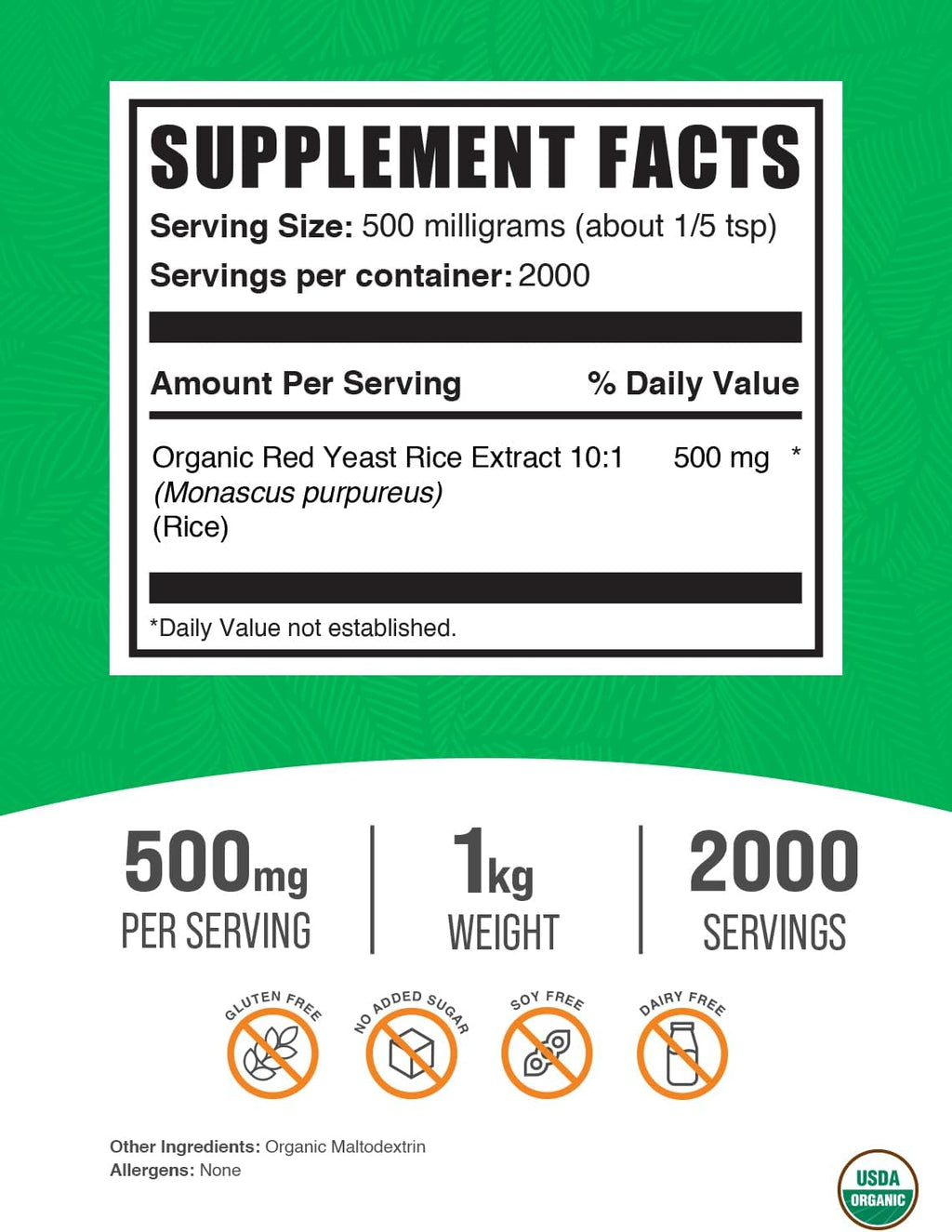 BulkSupplements Extracto de Arroz de Levadura Roja Orgánico en Polvo - 500 mg por dosis, 1 kg