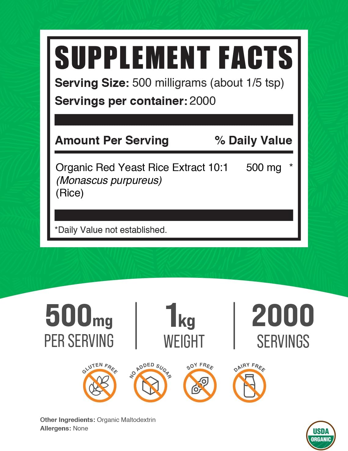 BulkSupplements Extracto de Arroz de Levadura Roja Orgánico en Polvo - 500 mg por dosis, 1 kg