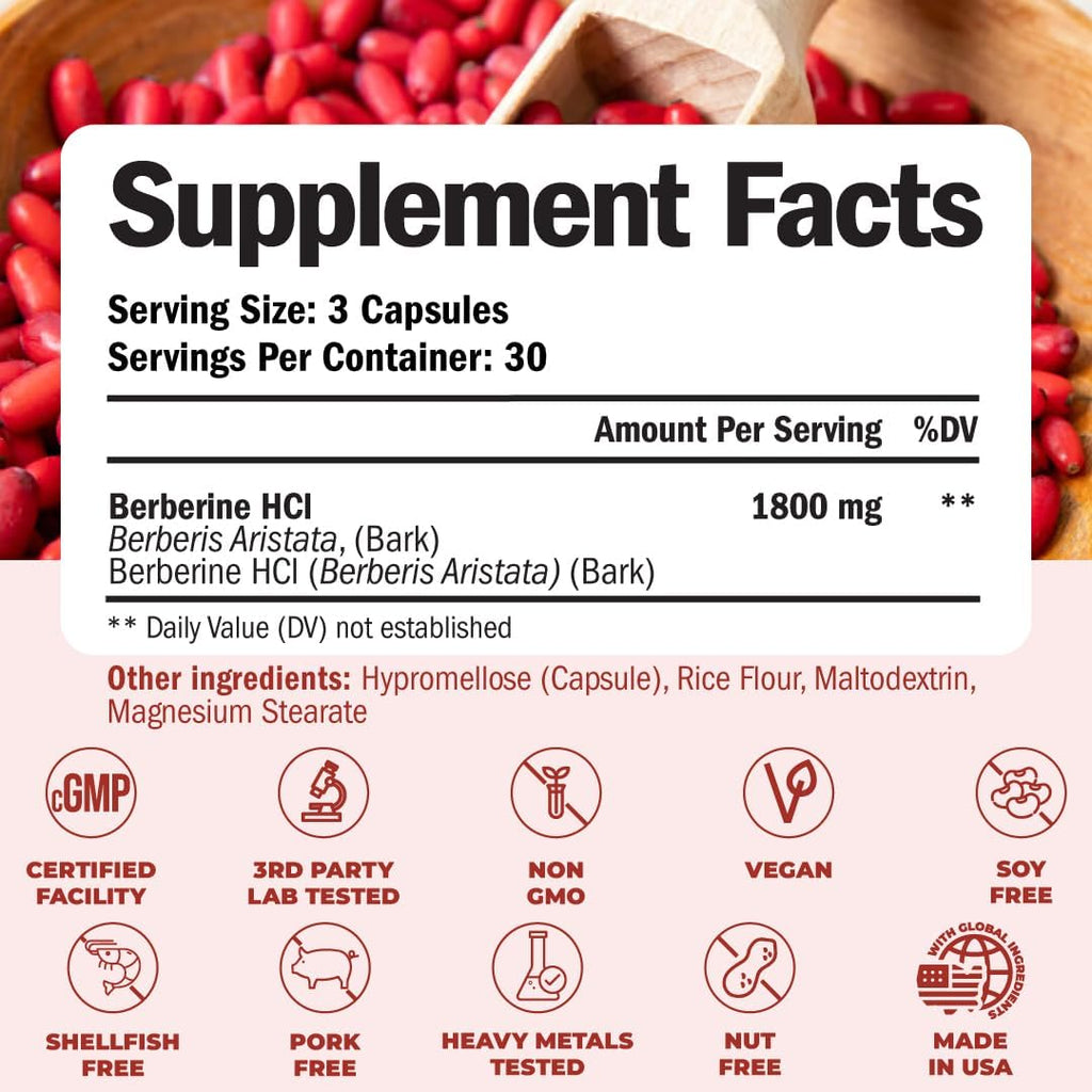 Vimerson Health Berberine 1800mg - Complemento de Berberina de Alta Potencia para el Apoyo Metabólico y Cardiovascular