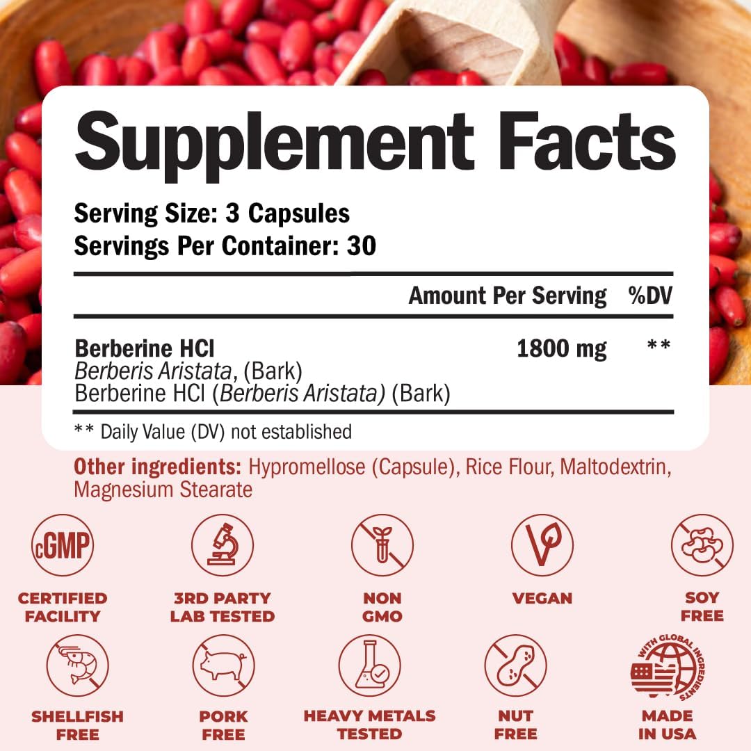 Vimerson Health Berberine 1800mg - Complemento de Berberina de Alta Potencia para el Apoyo Metabólico y Cardiovascular