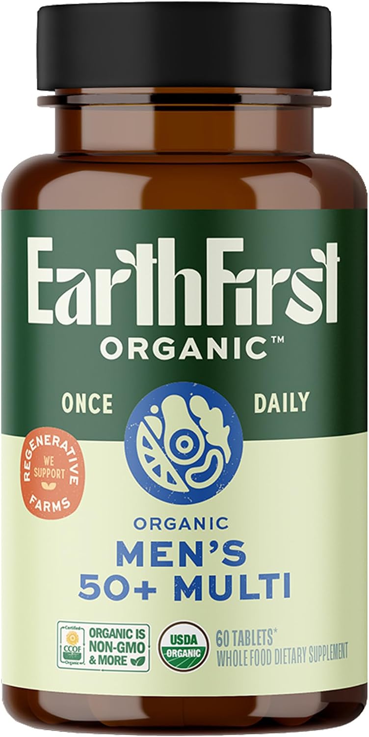 EarthFirst Organic Multivitamínico Diario para Hombres 50+ - 19 Vitaminas de Hierbas y Superalimentos, Apoya la Salud Prostática, Energía y Huesos Fuertes - 60 Comprimidos