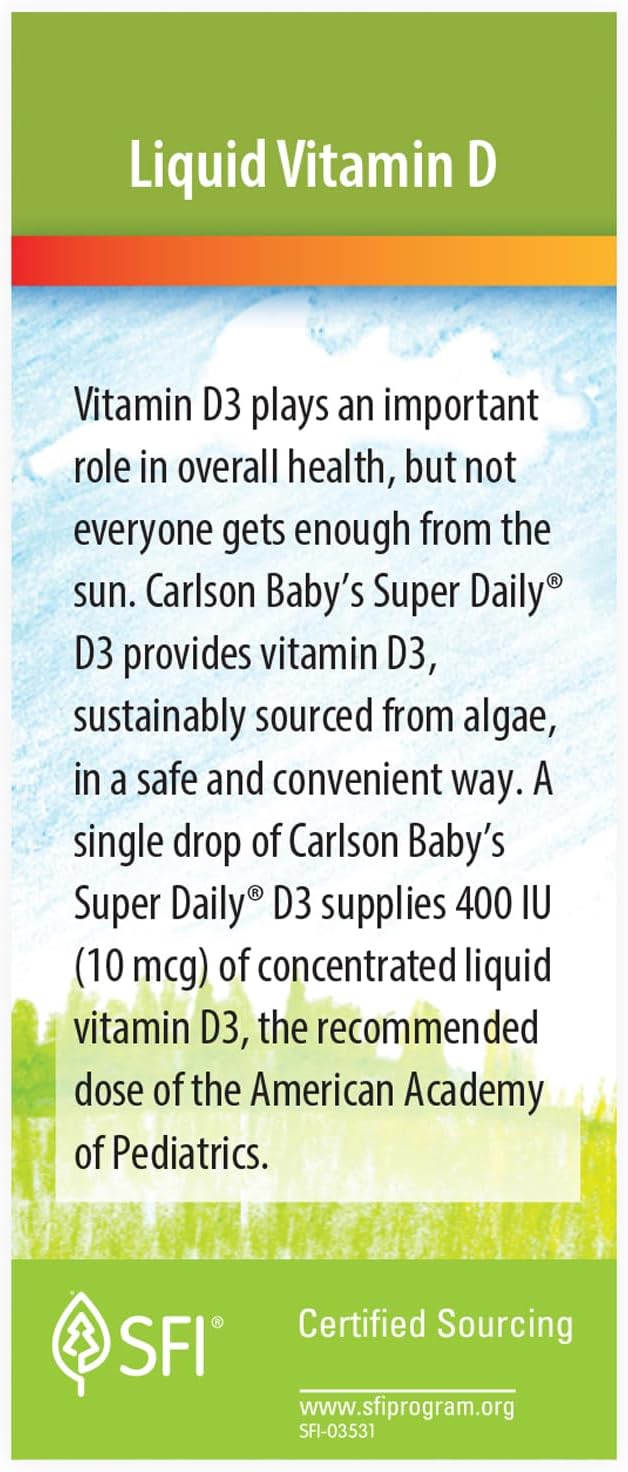 Carlson - Baby's Plant-Based Super Daily D3, Gotas de vitamina D3 vegetal para bebés, 400 UI (10 mcg) por gota, 90 gotas
