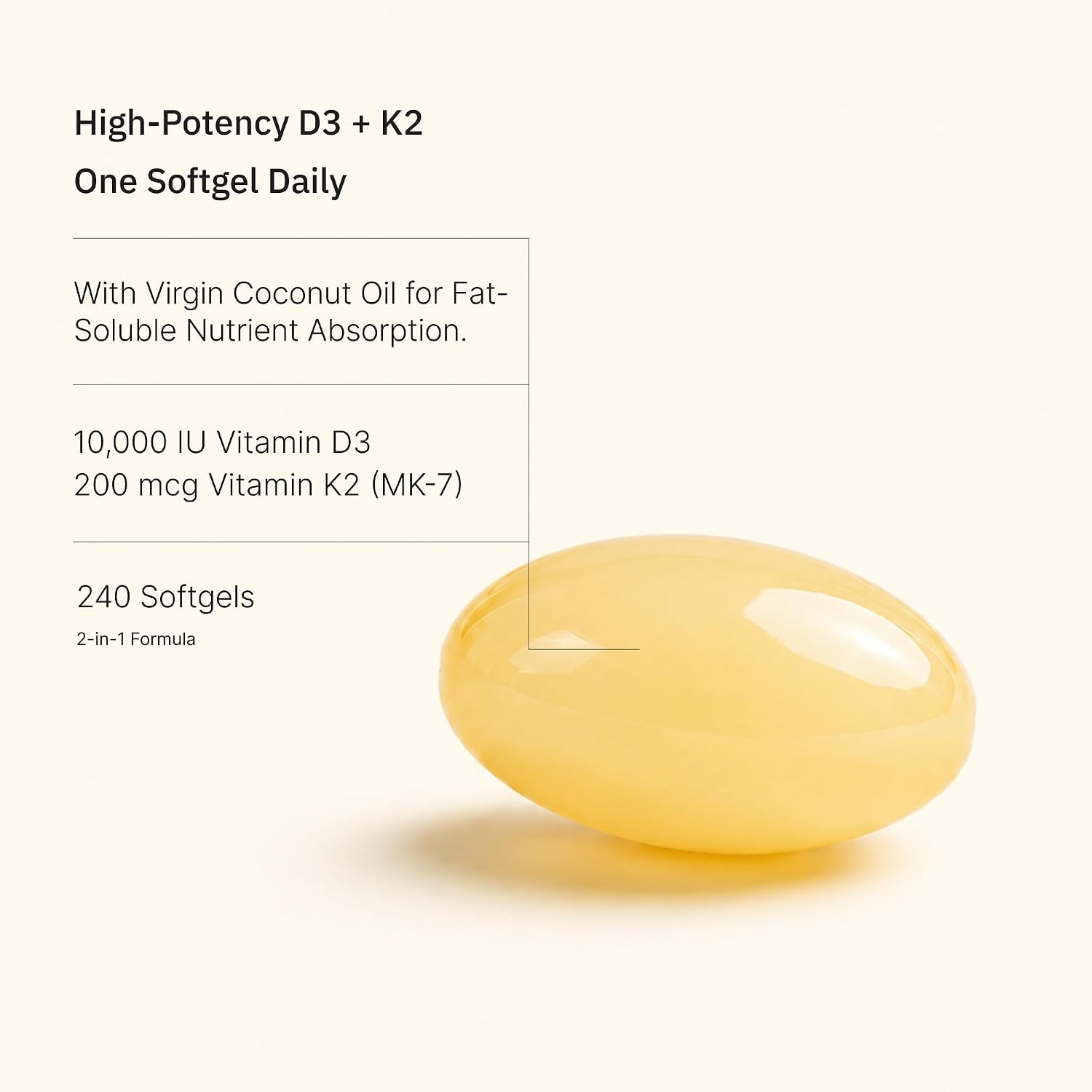 NATUREVOL Vitamina D3 10.000 UI + K2 200 mcg con Aceite de Coco - 240 Cápsulas Blandas