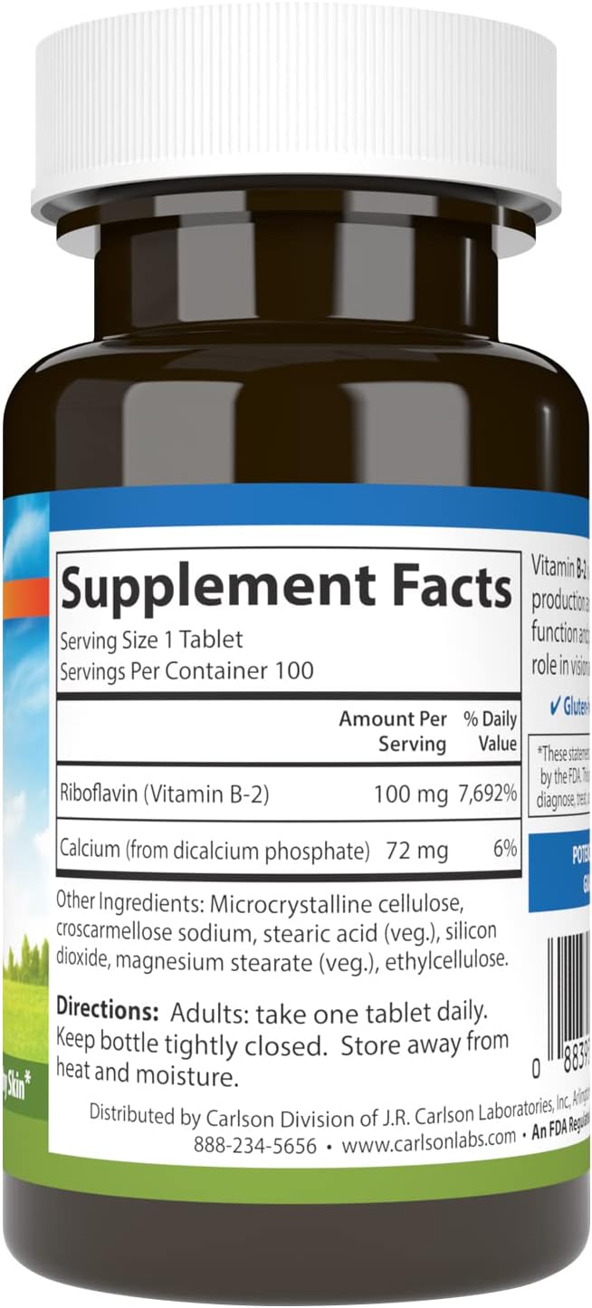 Carlson B-2 Riboflavina 100 mg, 100 Comprimidos Vegetarianos