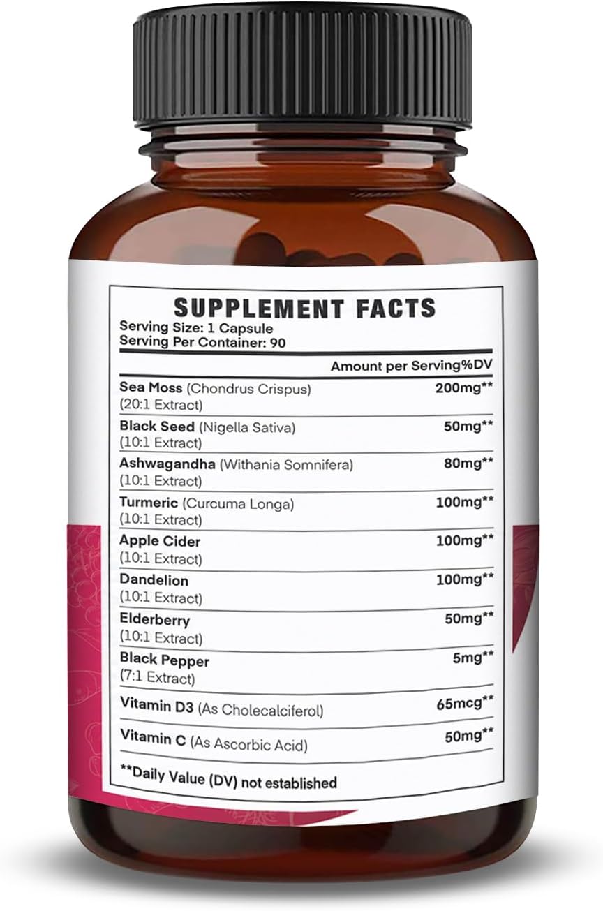 Nootrilabs Naturals Todo-en-1: Musgo Marino, Semilla Negra, Ashwagandha, Cúrcuma, Vinagre de Manzana, Diente de León, Saúco, Vitamina C y D3 - 90 Cápsulas Veganas