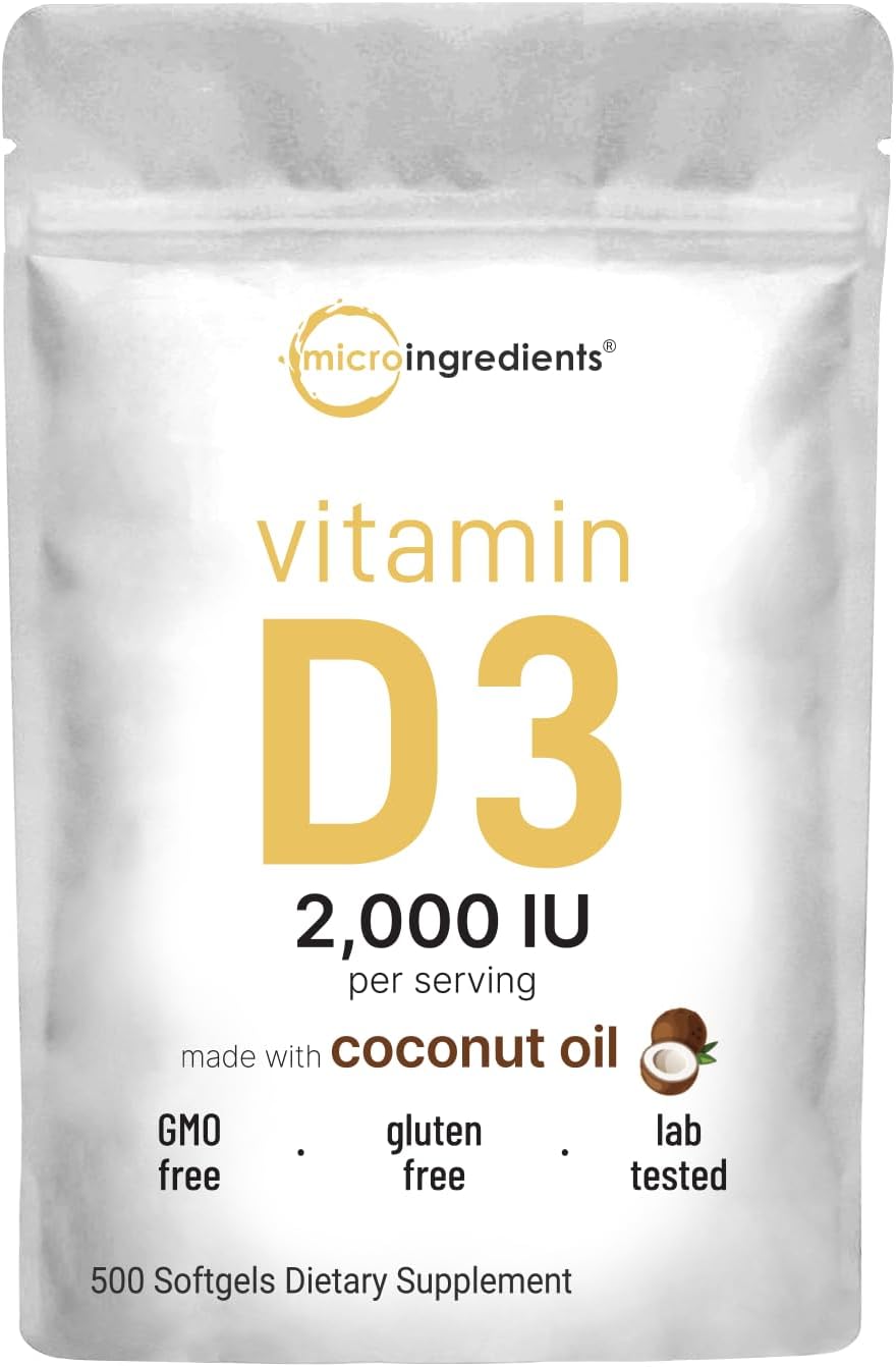 Micro Ingredients Vitamina D3 2000 UI, 500 Softgels con Aceite de Coco Virgen | Colecalciferol | No-GMO