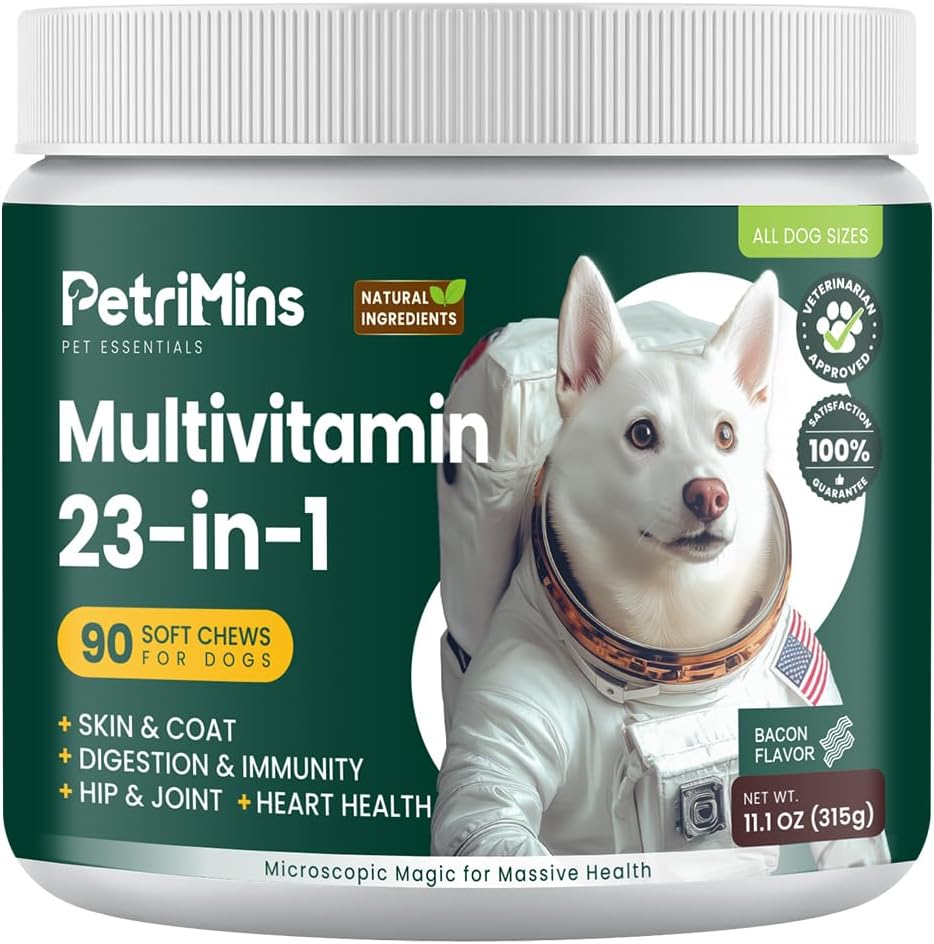 PetriMins 23-en-1 Multivitamínico para Perros con Glucosamina y Omega-3 - Masticables de Bacon, 90 unidades