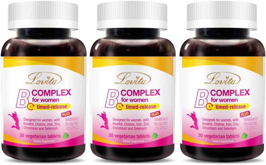 Complejo B de Alta Potencia para Mujeres con Liberación Prolongada - LOVITA - Vitaminas B con Hierro, Vitamina C, Arándano Rojo, Corteza de Pino y Té Verde - 90 Comprimidos (3 Envases de 30)