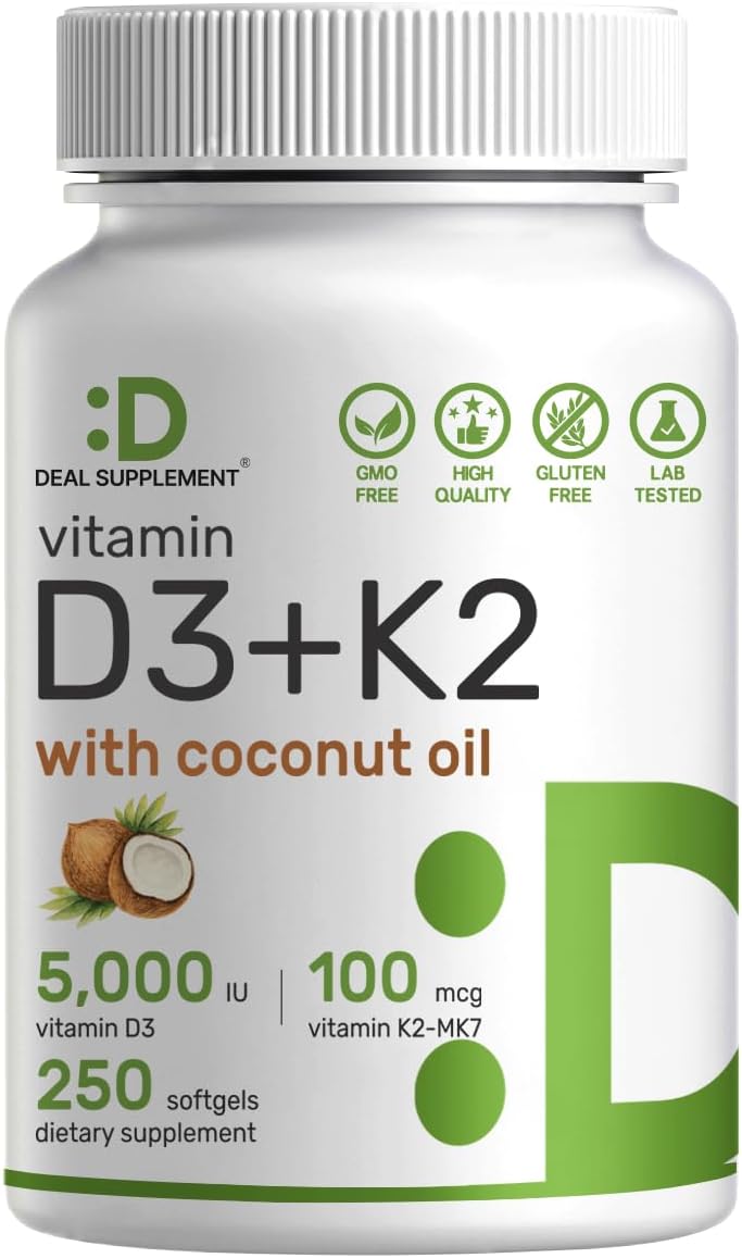 DEAL SUPPLEMENT Vitamina D3 5.000 UI + K2 MK7 100mcg Cápsulas blandas | Complejo 2 en 1 con Aceite de Coco Virgen