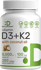DEAL SUPPLEMENT Vitamina D3 5.000 UI + K2 MK7 100mcg Cápsulas blandas | Complejo 2 en 1 con Aceite de Coco Virgen