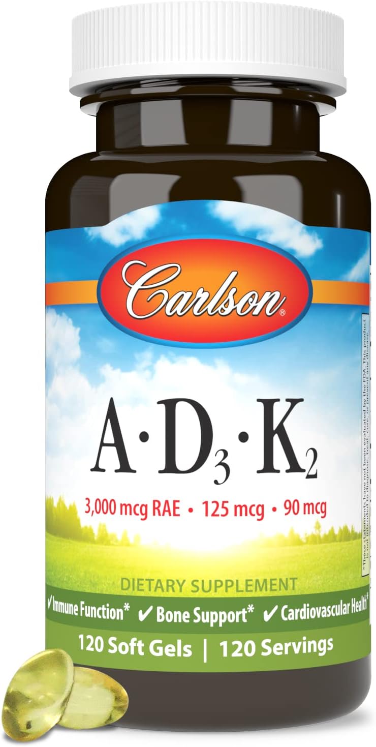 Carlson - Vitaminas A, D3, K2, 3000 mcg RAE Vitamina A, 125 mcg Vitamina D3, 90 mcg Vitamina K2 como MK-7, 120 Cápsulas Blandas