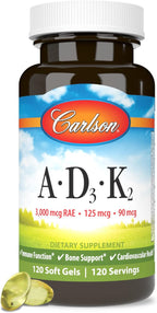 Carlson - Vitaminas A, D3, K2, 3000 mcg RAE Vitamina A, 125 mcg Vitamina D3, 90 mcg Vitamina K2 como MK-7, 120 Cápsulas Blandas