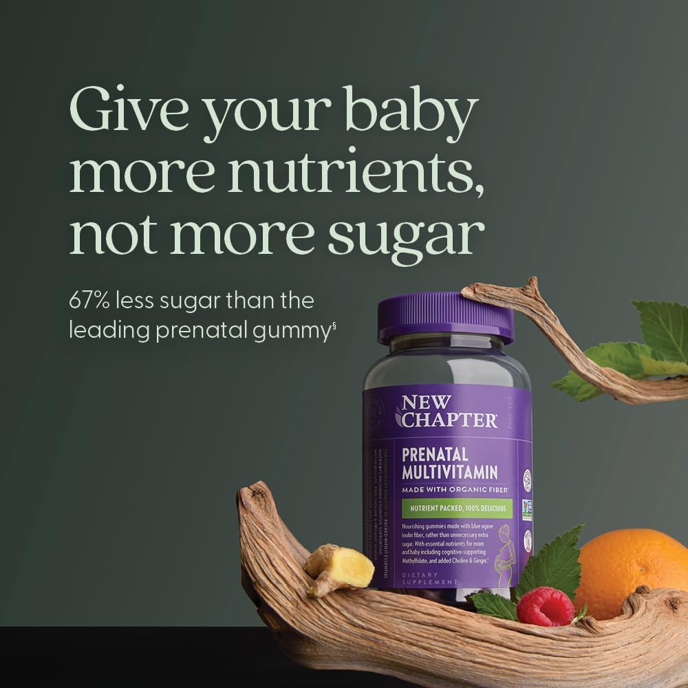 New Chapter Gominolas Multivitamínicas Prenatales – 67% Menos Azúcar, Para Mamá y Bebé Saludable con Metilfolato, Vitamina D3, Colina + Jengibre, Sin OGM, Sin Gluten, Sabor Cítrico de Bayas, 90 unidades