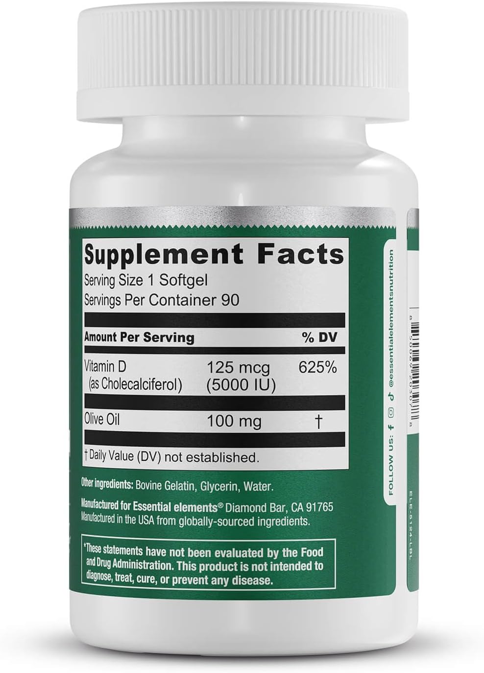 Essential Elements Vitamina D3 5000 UI - Cápsulas blandas con aceite de oliva - 90 unidades