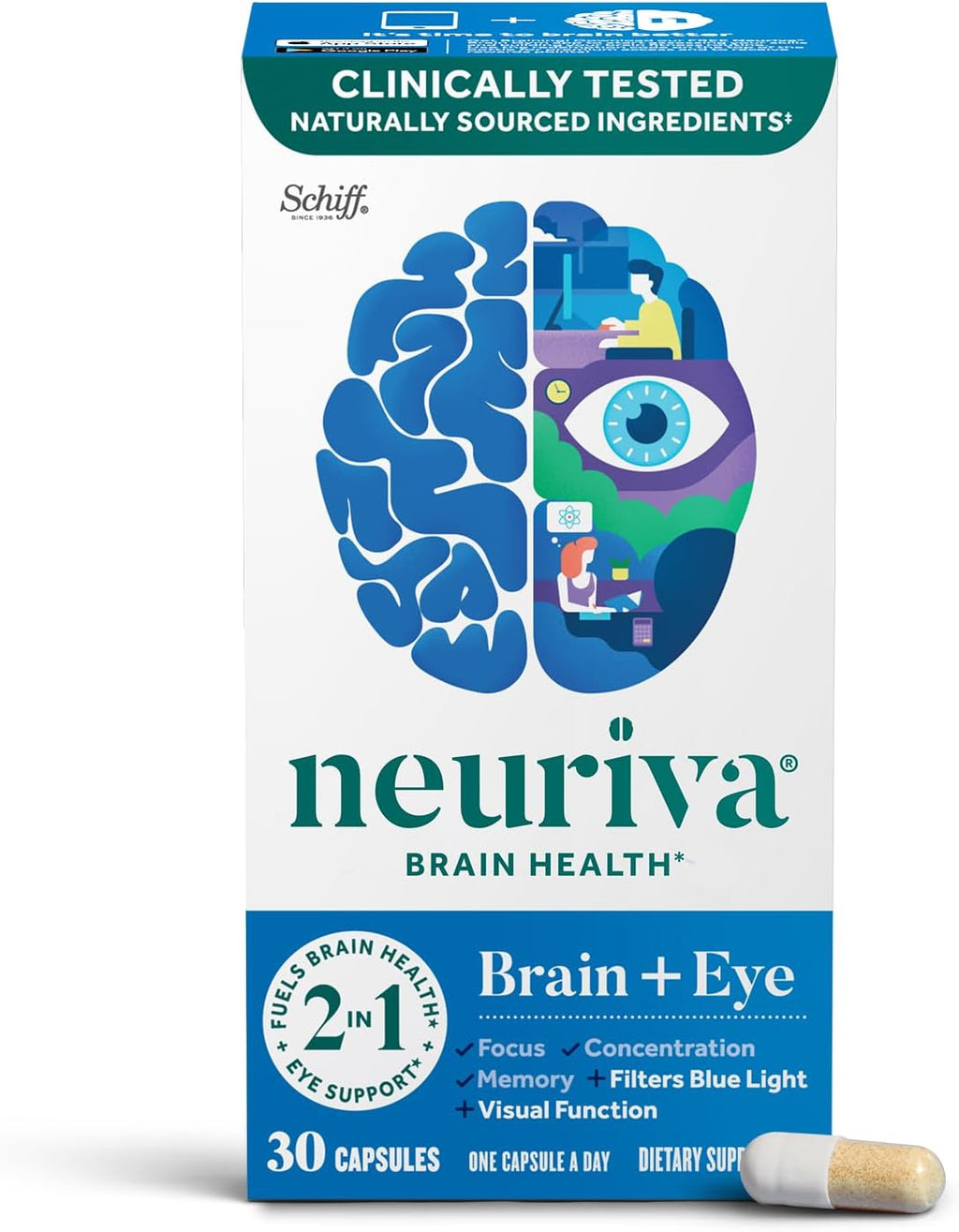 Neuriva Brain + Eye - Suplemento para Memoria, Concentración y Salud Visual - 90 Cápsulas (3 Envases de 30)