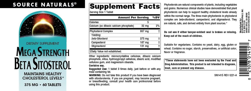 Source Naturals Mega Strength Beta Sitosterol 375 mg - 60 Comprimidos
