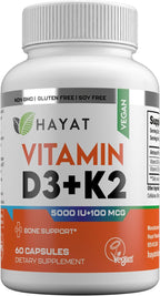 HAYAT Vitamins Vitamina D3+K2 Vegana (5000 UI + 100 mcg), 60 Cápsulas