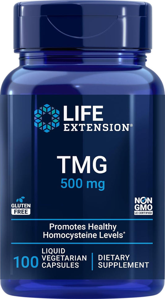 Life Extension TMG 500 mg, 100 Cápsulas Vegetales Líquidas - Trimetilglicina (Betaína) - Sin Gluten, No GMO, Vegetariano