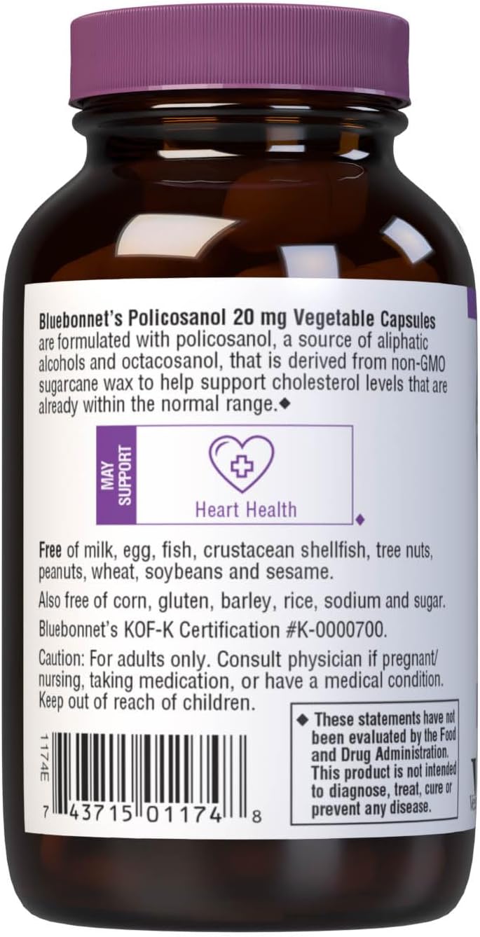 Bluebonnet Policosanol 20 mg, 60 Cápsulas Vegetales