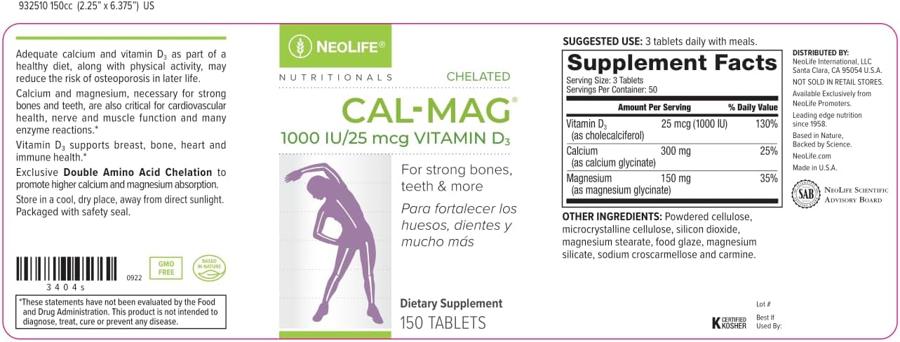 NeoLife Chelated Cal-Mag Tablets con 1000 UI de Vitamina D3