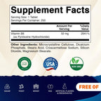 Vitamatic Vitamin B6 (Piridoxina HCI), 50 mg 250 Comprimidos Vegetarianos - Promueve la producción de energía, estimula el metabolismo y apoya el sistema inmunitario