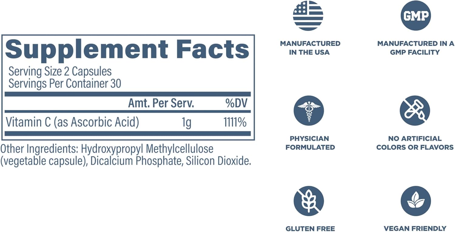 Revive MD Vitamina C Cápsulas, 1000mg - Ácido Ascórbico de Alta Potencia para Apoyo Inmunológico y Salud Antioxidante