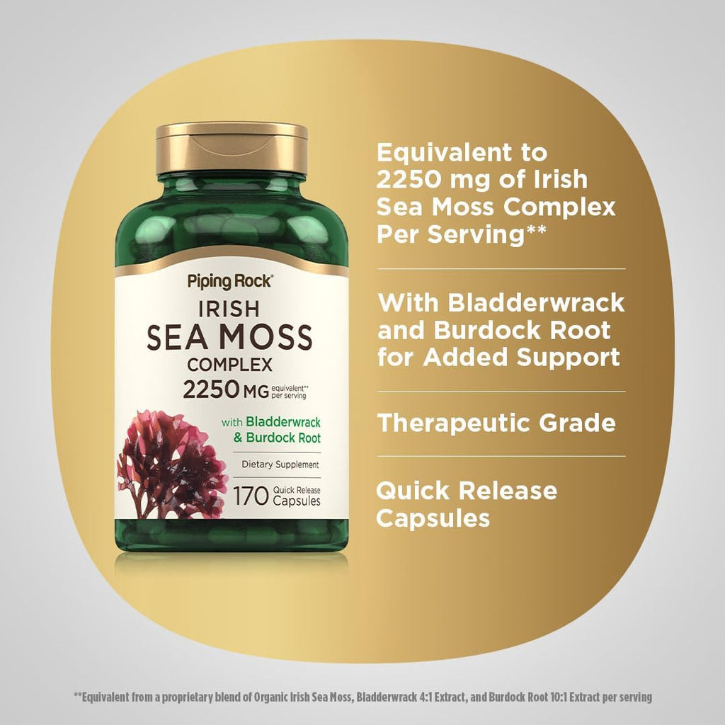 Piping Rock Cápsulas de Irish Sea Moss con Bladderwrack y Burdock Root | 170 Cápsulas
