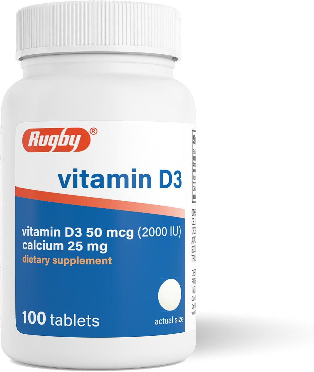 Rugby Vitamina D3 2000 IU (50 mcg) - Suplemento diario de vitamina D3 sin gluten para huesos, dientes e inmunidad - 100 comprimidos