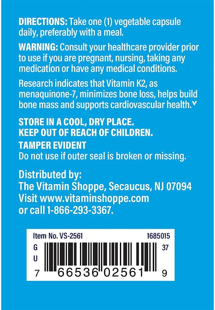 The Vitamin Shoppe Vitamina K2 MK-7 100 mcg - Menaquinona-7 | 60 Cápsulas | Vegano
