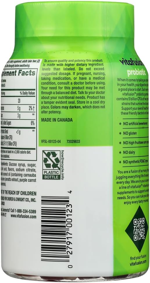 Vitafusion Gomitas Probióticas, Frambuesa, Melocotón y Mango, 5 Mil Millones UFC, 70 Unidades